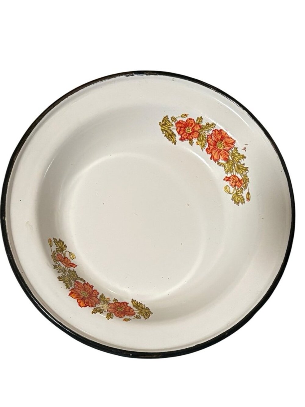 *Vintage Enamelware Bowl Orange Poppy Floral Pattern Cottagecore Grandmacore